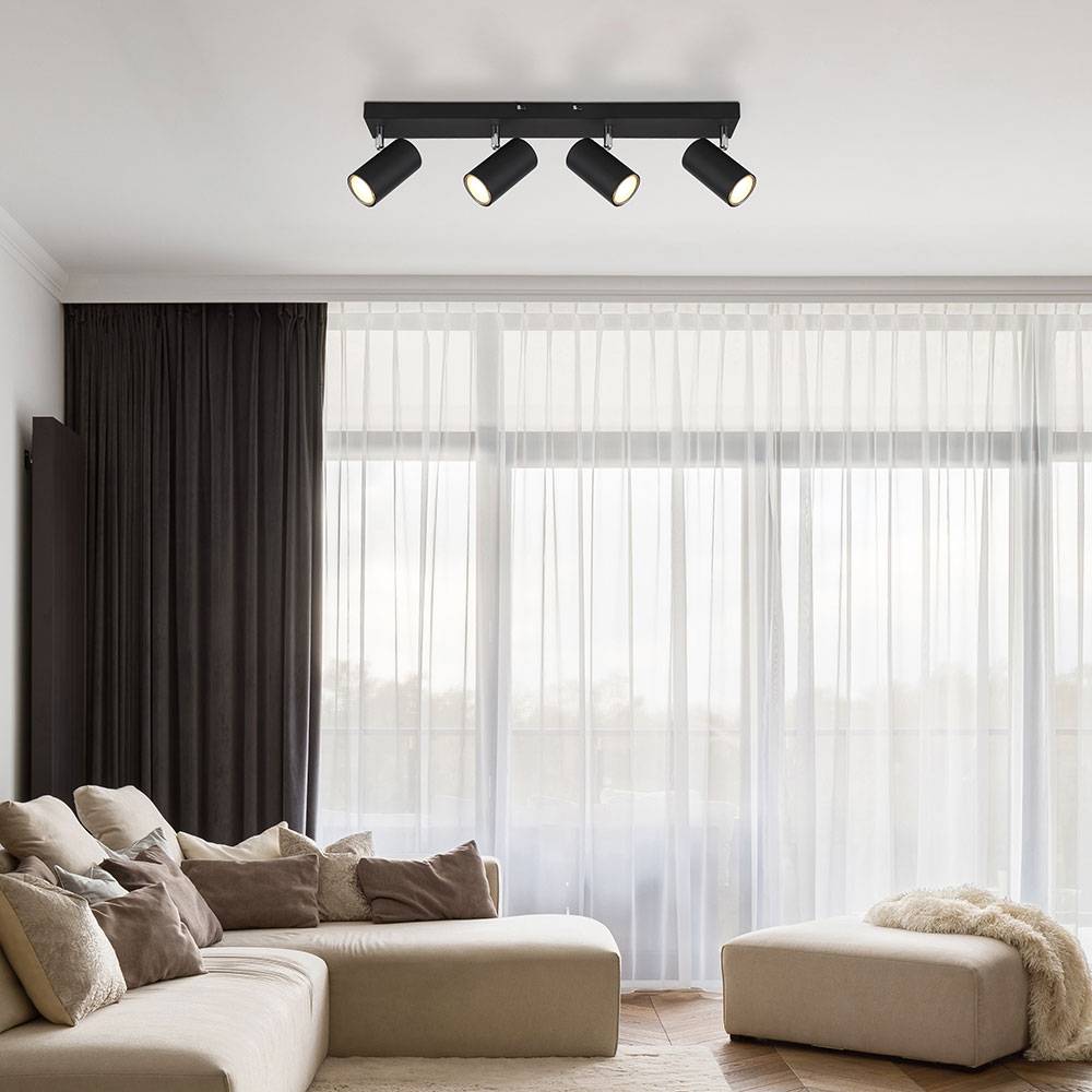 Deckenleuchte Spot 4 flammig Deckenstrahler schwarz Deckenlampe Wohnzimmer modern, schwenkbare Strahler, Metall, 4x GU10, LxBxH 56x6x12