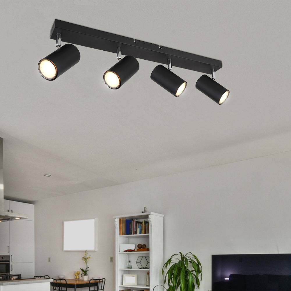 Deckenleuchte Spot 4 flammig Deckenstrahler schwarz Deckenlampe Wohnzimmer modern, schwenkbare Strahler, Metall, 4x GU10, LxBxH 56x6x12