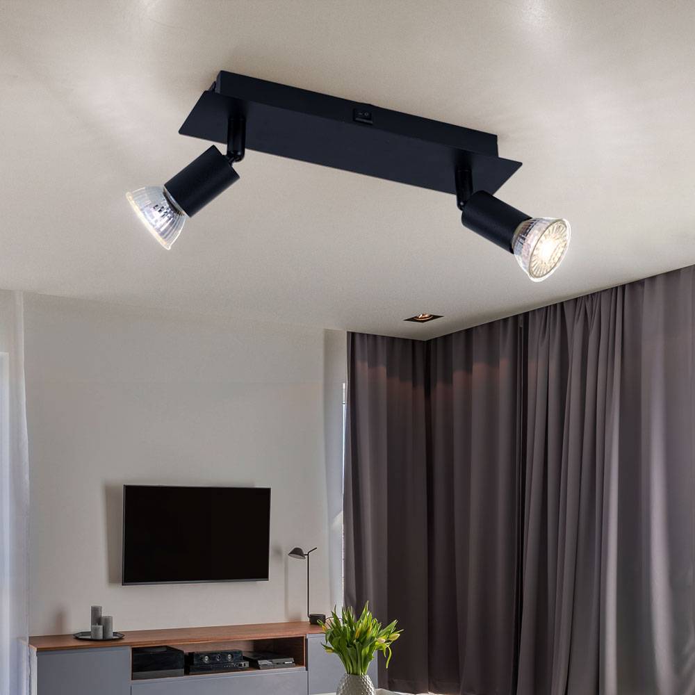 Deckenstrahler Deckenlampe schwarz Deckenspots 2 Flammig Wohnzimmerleuchte mit verstellbaren Spots, Metall, 2x GU10 Fassung, LxBxH 25x6x9 cm