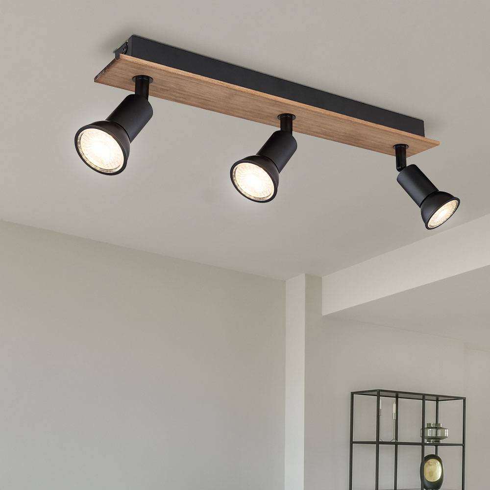 Deckenlampe Strahler Vintage Deckenleuchte Deckenlampe schwarz Holz, Spots beweglich 3 flammig, Metall dunkelbraun, 3x GU10 Fassungen, LxBxH