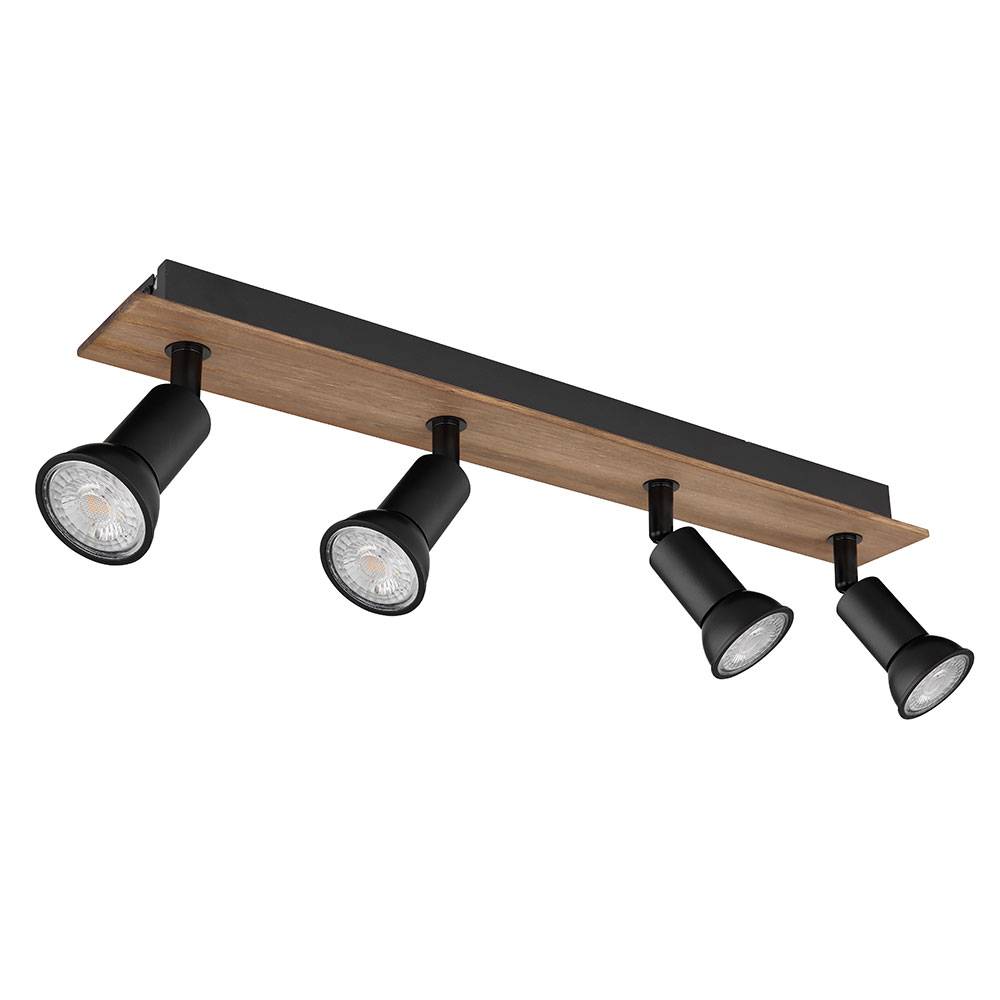 Deckenstrahler Deckenlampe braun schwarz Deckenspots 4 Flammig Wohnzimmerleuchte mit verstellbaren Spots, Metall Holz, 4x GU10 Fassung, LxBxH
