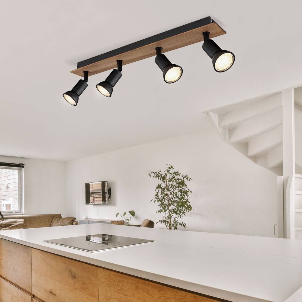 Deckenstrahler Deckenlampe braun schwarz Deckenspots 4 Flammig Wohnzimmerleuchte mit verstellbaren Spots, Metall Holz, 4x GU10 Fassung, LxBxH