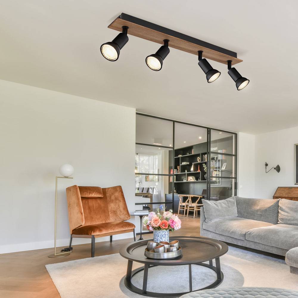 Deckenstrahler Deckenlampe braun schwarz Deckenspots 4 Flammig Wohnzimmerleuchte mit verstellbaren Spots, Metall Holz, 4x GU10 Fassung, LxBxH