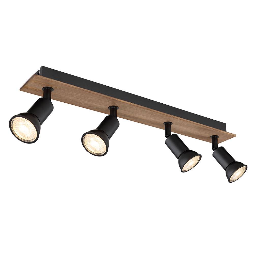 Deckenstrahler Deckenlampe braun schwarz Deckenspots 4 Flammig Wohnzimmerleuchte mit verstellbaren Spots, Metall Holz, 4x GU10 Fassung, LxBxH