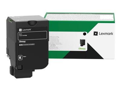 Schwarze Lexmark-Tonerpatrone, shown vor ihrer grün-weißen Kartonverpackung.