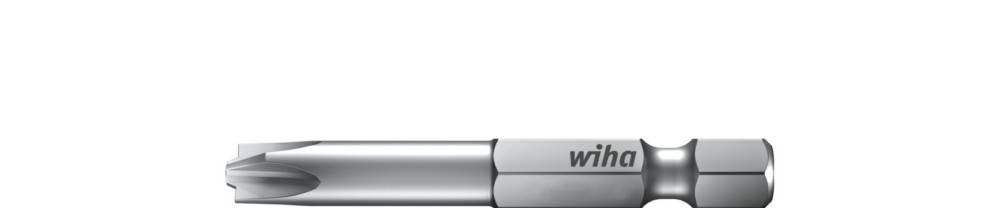Ein einzelnes Metallschraubendrehereinsatz mit Phillips-Spitze und Wiha-Logo, dargestellt vor einem weißen Hintergrund.