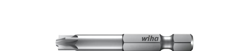 Ein silberner Wiha-Schraubendreheraufsatz mit einer Torx-förmigen Spitze, horizontal auf weißem Hintergrund dargestellt.