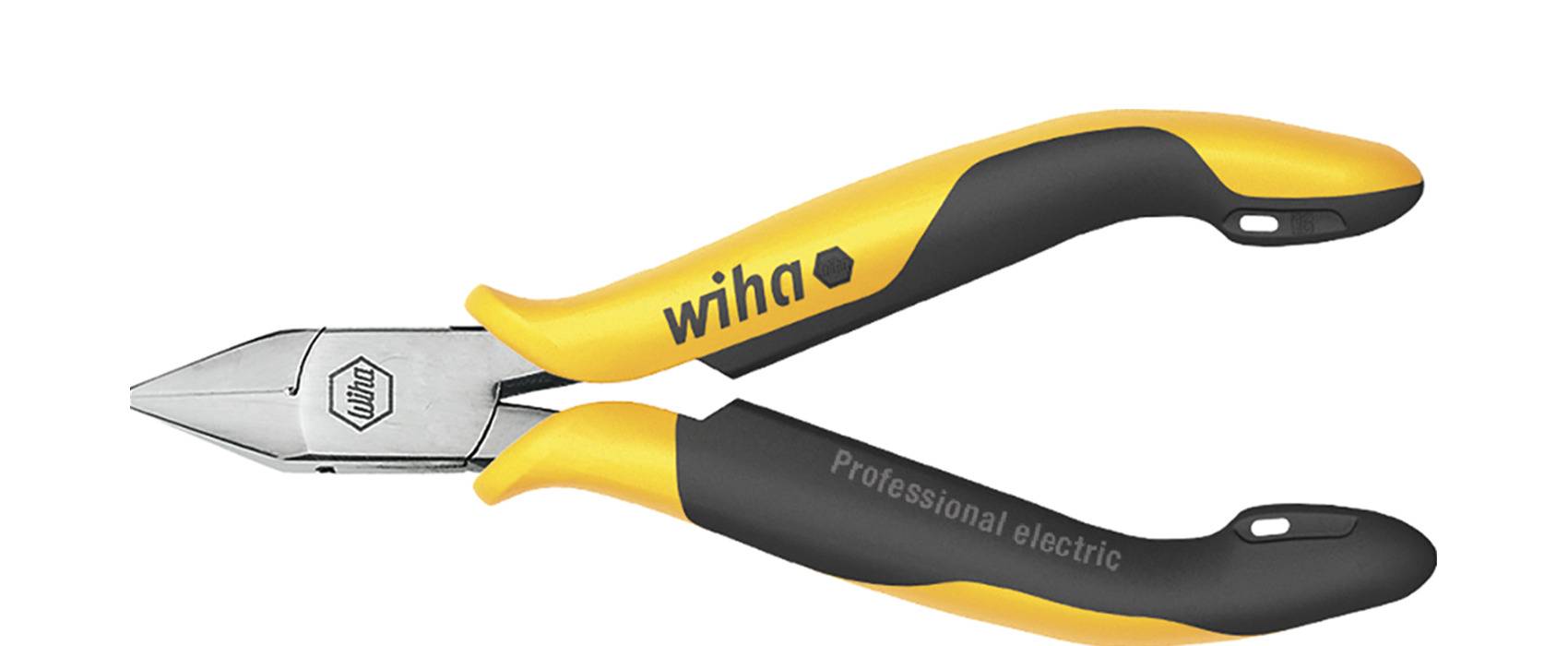 Gelb-schwarze professionelle elektrische Drahtschneider/Zange von Wiha auf weißem Hintergrund gezeigt.