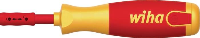 Eine Nahaufnahme eines Schlitzschraubenziehers mit einem gelb-roten Griff, die den Übergang vom Griff zur Metallspindel zeigt.