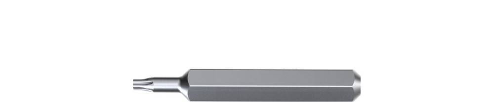 Metallischer Torx-Schraubendreher-Bit mit sechskantiger Schaft, horizontal auf weißem Hintergrund dargestellt.