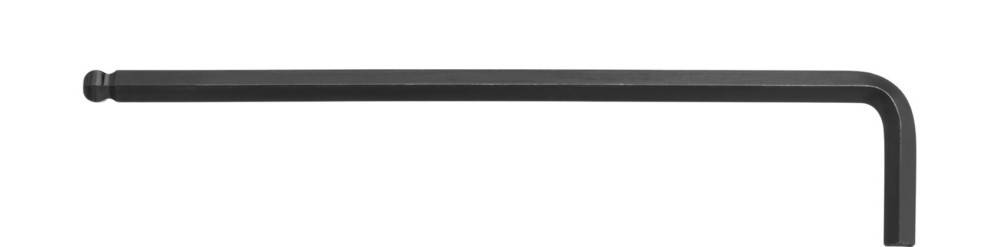 Schwarzer Metallstab oder Griff in L-Form mit rundem Ende, horizontal auf weißem Hintergrund dargestellt.