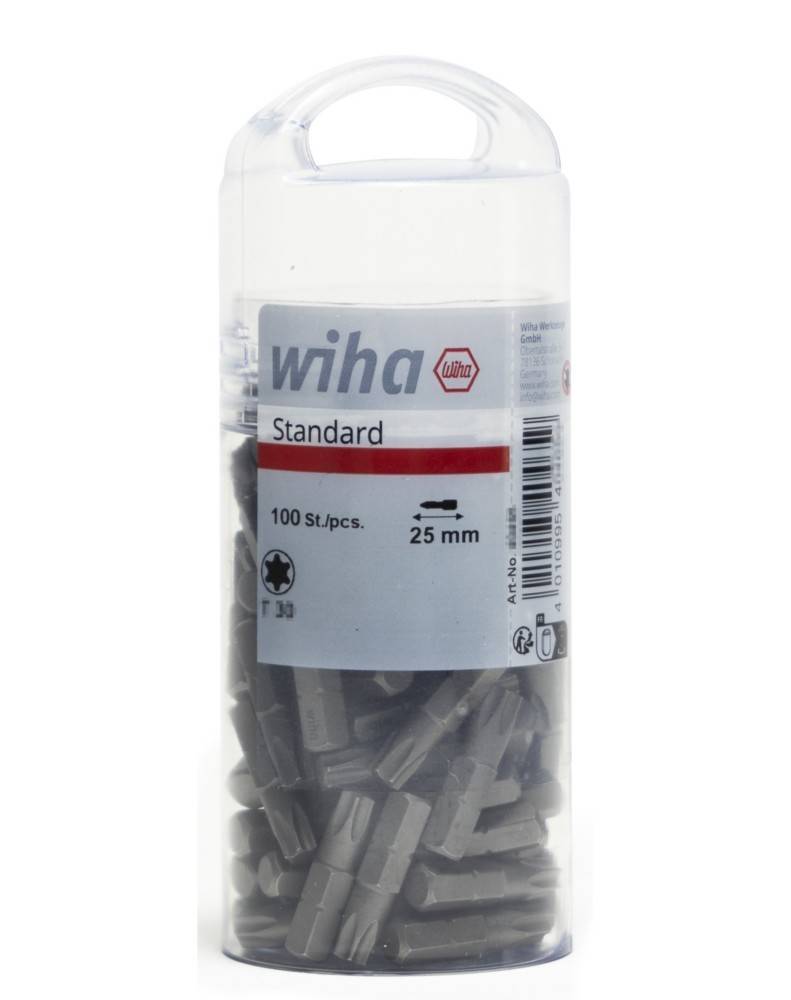 Klarer Kunststoffbehälter mit Wiha Standard-Schraubendreher-Bits, beschriftet mit '100 St./pcs.' und '25 mm', gefüllt mit Bits.
