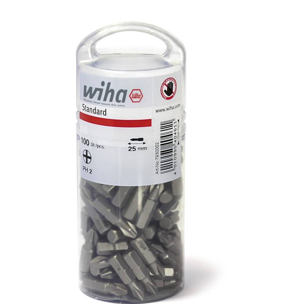Klarer Kunststoffbehälter mit Wiha Standard PH2 Schraubendreher-Bits, beschriftet mit 100 Stück und 25 mm, gefüllt mit grauen Bits.