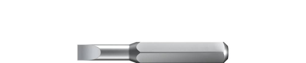 Metallschraubendreherbit mit flacher Spitze, horizontal auf weißem Hintergrund dargestellt.