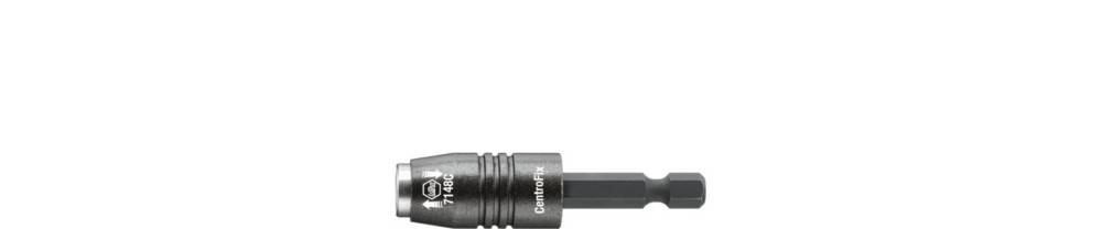 Ein schwarzer magnetischer Bithalter-Adapter für einen Bohrer, gezeigt in einer Seitenansicht auf weißem Hintergrund.