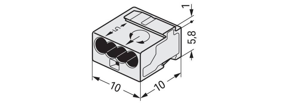 Eine technische Zeichnung eines rechteckigen Anschlusses mit Maßangaben: 10 mm breit, 10 mm tief und 5,8 mm hoch, mit einem Pfeil, der die Richtung anzeigt.