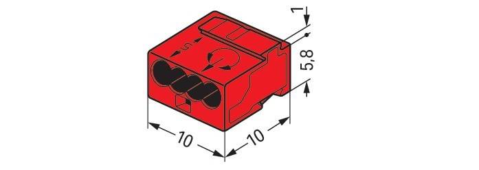 Roter elektrischer Anschlussblock mit einem Kreispfeil, drei Anschlusslöchern und beschrifteten Abmessungen von 10 mm x 5,8 mm.