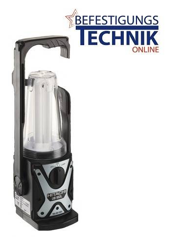 Eine tragbare Hitachi USB-18V-Lampe mit ergonomischem Griff und Einstellungsoptionen, dargestellt unter dem Logo 'TECHNIK ONLINE'.