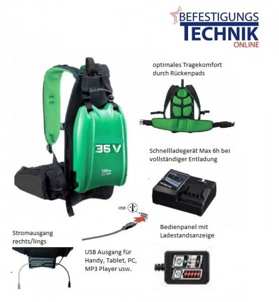 Hitachi Backpack Energiestadion BL36200 inkl. Ladegerät 36,0 Volt LiIon 21,0 Ah