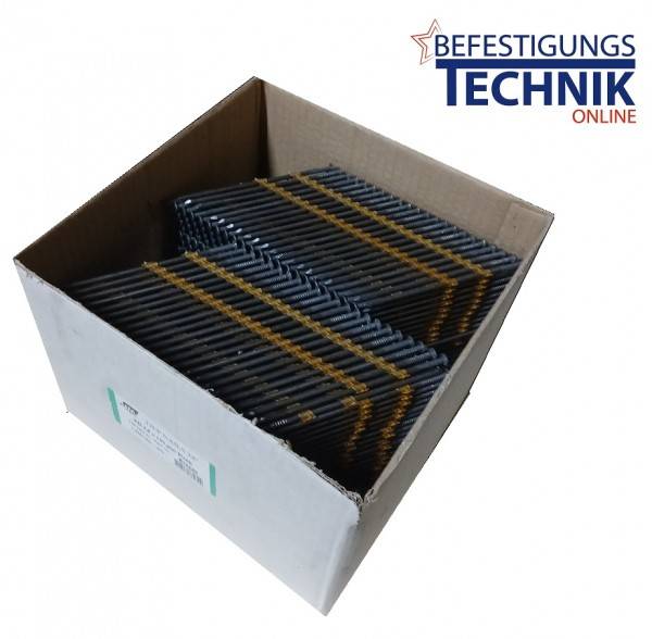 Eine Kartonschachtel ist mit Metallnägeln gefüllt, die in Reihen angeordnet sind. Die obere Ecke zeigt das Logo und den Text „Befestigungstechnik Online
