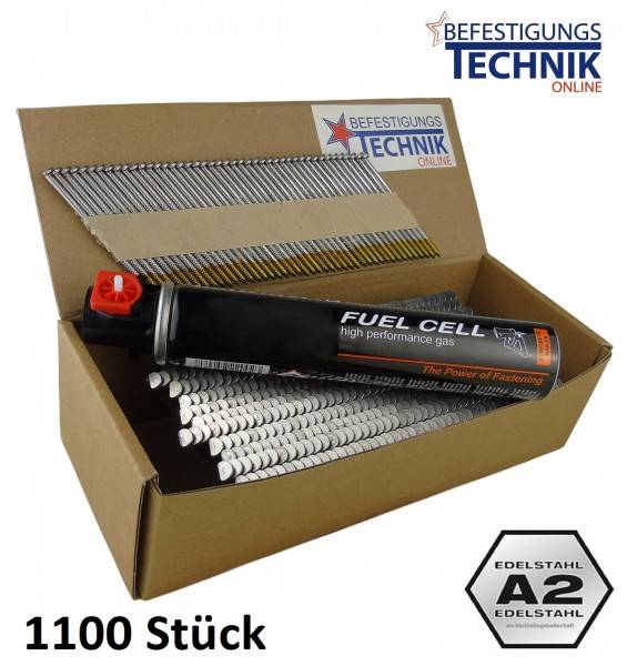 Produktbild 'Befestigungstechnik': Eine Box enthält Nägel mit der Beschriftung 'Edelstahl A2' und daneben steht ein schwarzer Treibstoffzellenbehälter.
