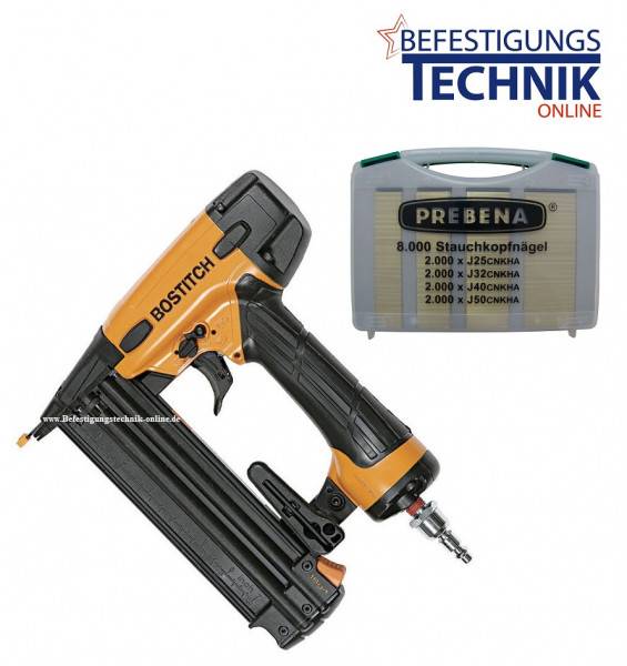 Bostitch BT1855-E 15-55 mm Druckluft Stiftnagler + Prebena J-Box 8000 Stauchkopfnägel J BR-03