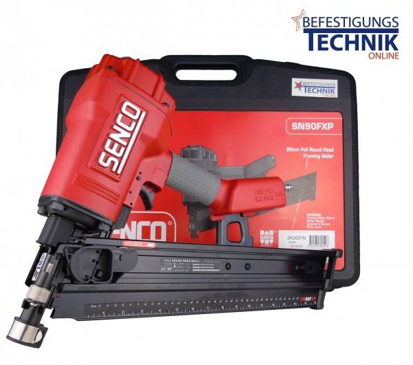 Eine rote Senco Nagelpistole wird vor ihrem Gehäuse präsentiert, das mit 'SN90FXP' beschriftet ist, mit zusätzlicher Markenbezeichnung 'Technik' in der oberen rechten Ecke.