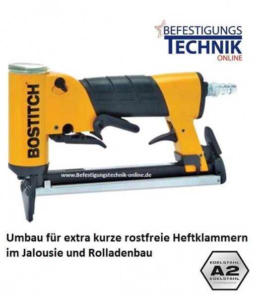 Pneumatische Druckluft-Heftmaschine in Gelb und Schwarz mit dem Text „Umbau für extra kurze rostfreie Heftklammern im Jalousie- und Rollladenbau