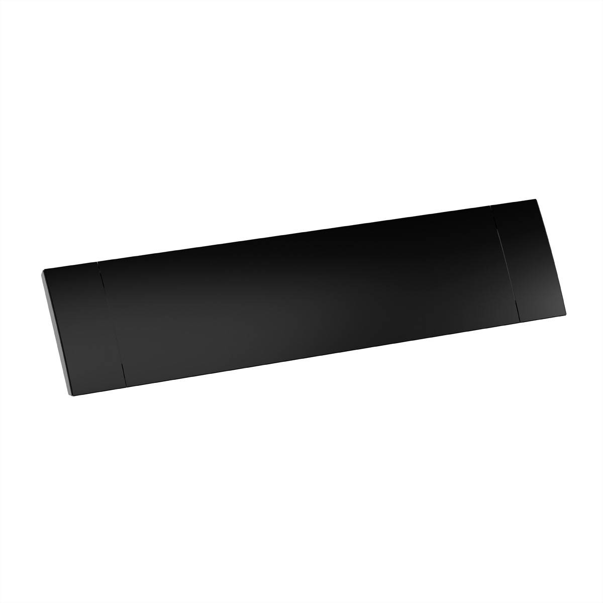 Eine schwarze rechteckige Karte oder ein schwarzes rechteckiges Panel, das in einem leichten Winkel auf weißem Hintergrund gezeigt wird.