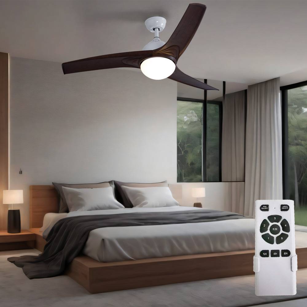 Deckenventilator Deckenleuchte Wohnzimmer Ventilator Lüfter Holzventilator Fernbedienung, CCT Timer 3 Stufen, Metall MDF Holzoptik braun Glas opal
