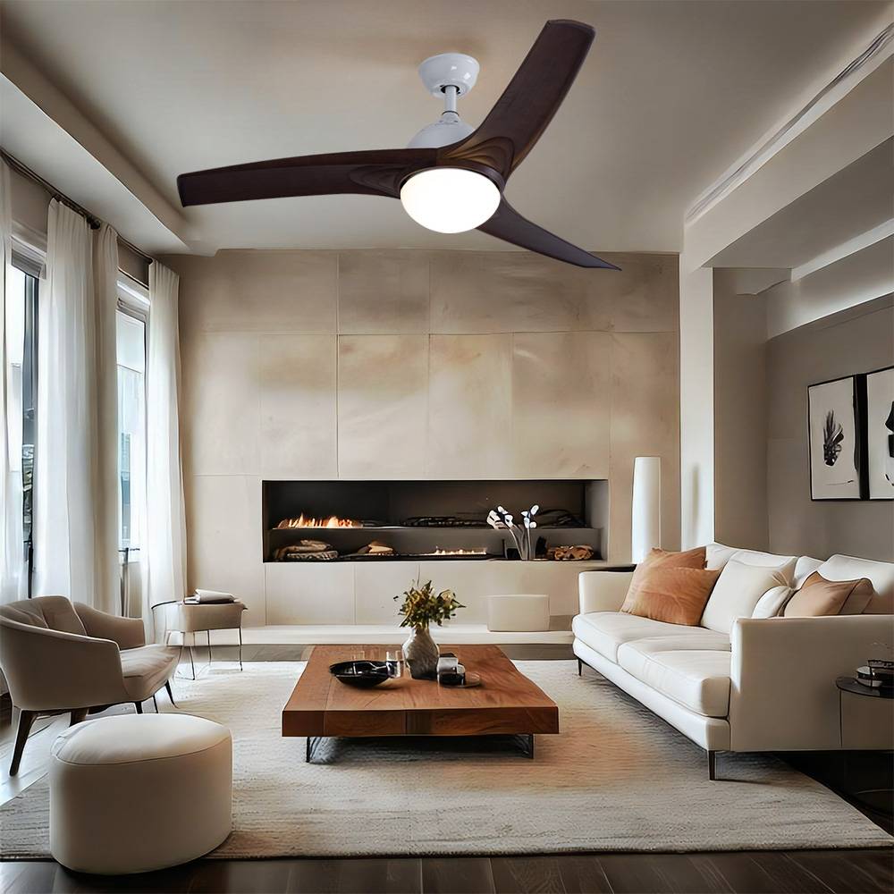 Deckenventilator Deckenleuchte Ventilator Lüfter Holzventilator Fernbedienung, CCT Timer 3 Stufen, Metall MDF Holzoptik braun Glas opal, 1x LED 15W
