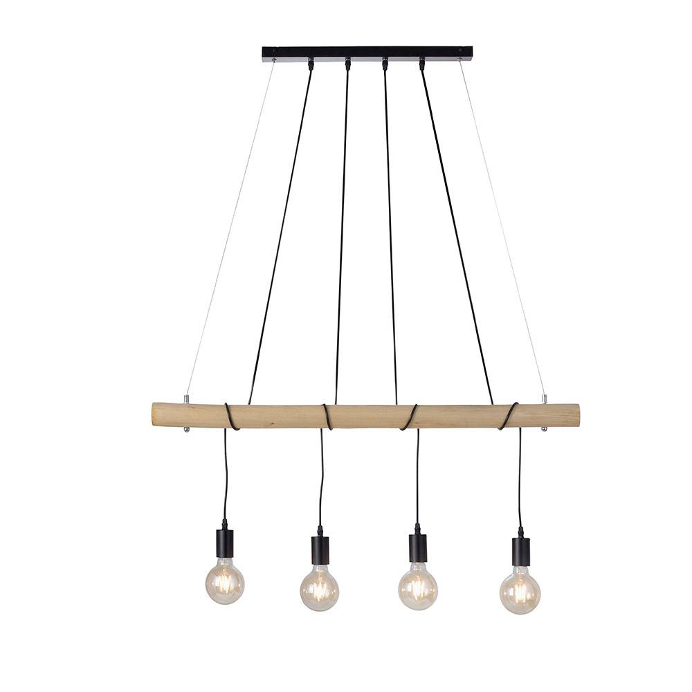 Esszimmerlampe Vintage Pendelleuchte Hängelampe Holzbalken 4 flammig, dimmbar, naturfarben schwarz, 4x LED E27 4W 346Lm 2740K, HxLxB 120x100x9,5cm