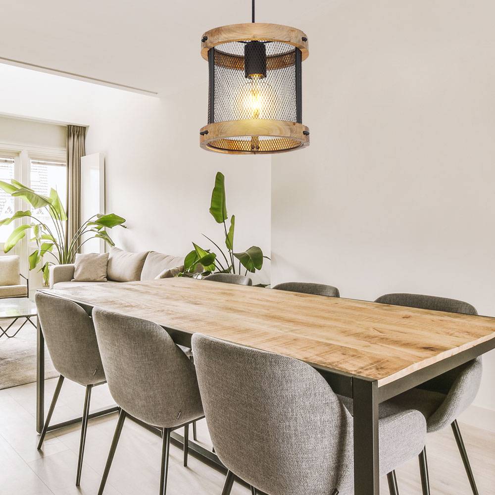 Pendellampe Hängeleuchte Esszimmerlampe, Landhaus Hängelampe, Gitterschirm, Industrial, Metall Holz, schwarz, matt, 1x E27 Fassung, DxH 20x120 cm