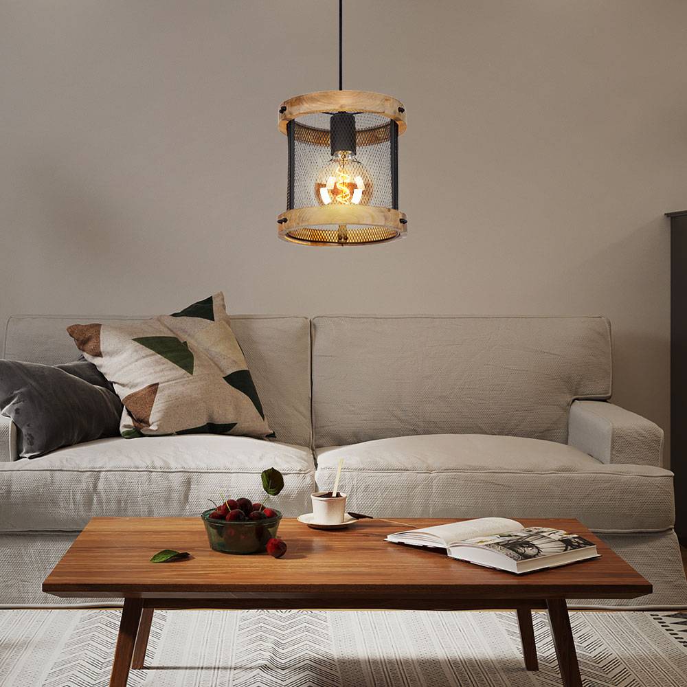 Pendellampe Hängeleuchte Esszimmerlampe, Landhaus Hängelampe, Gitterschirm, Industrial, Metall Holz, schwarz, matt, 1x E27 Fassung, DxH 20x120 cm