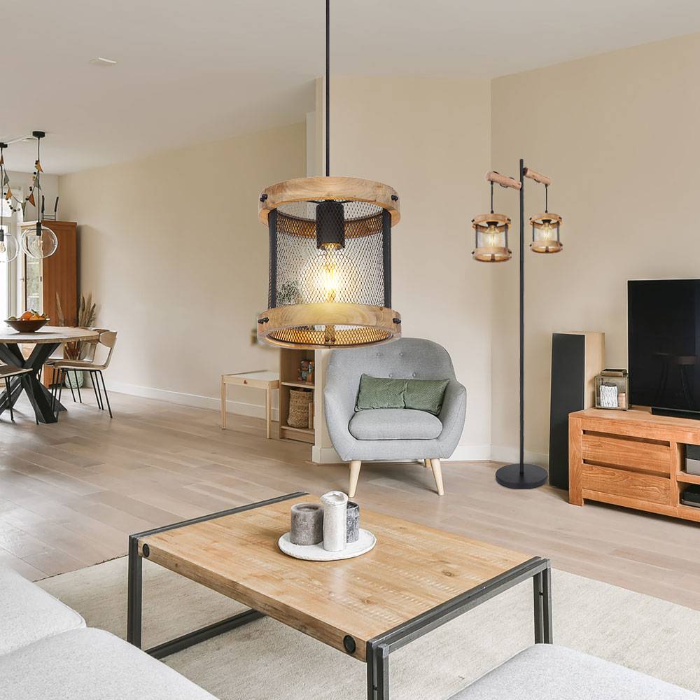 Pendellampe Hängeleuchte Esszimmerlampe, Landhaus Hängelampe, Gitterschirm, Industrial, Metall Holz, schwarz, matt, 1x E27 Fassung, DxH 20x120 cm