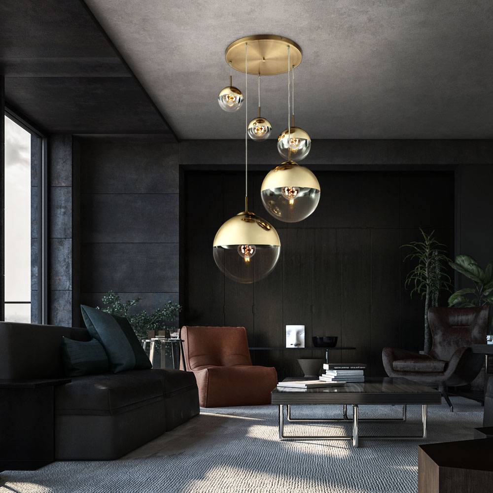 Pendelleuchte Esszimmer Hängelampe gold 5 flammig Wohnzimmerleuchte Loftlampe, Glas teilsatiniert, H 150 cm