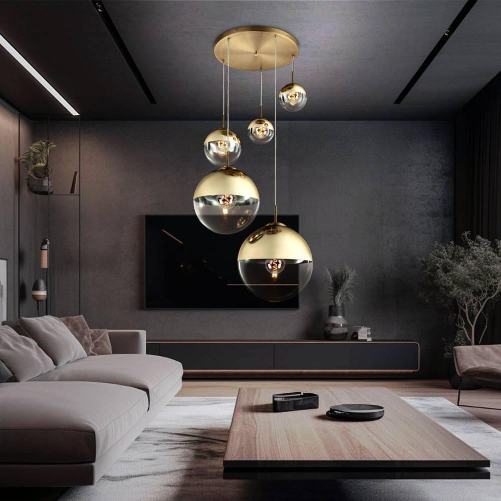 Pendelleuchte Esszimmer Hängelampe gold 5 flammig Wohnzimmerleuchte Loftlampe, Glas teilsatiniert, H 150 cm