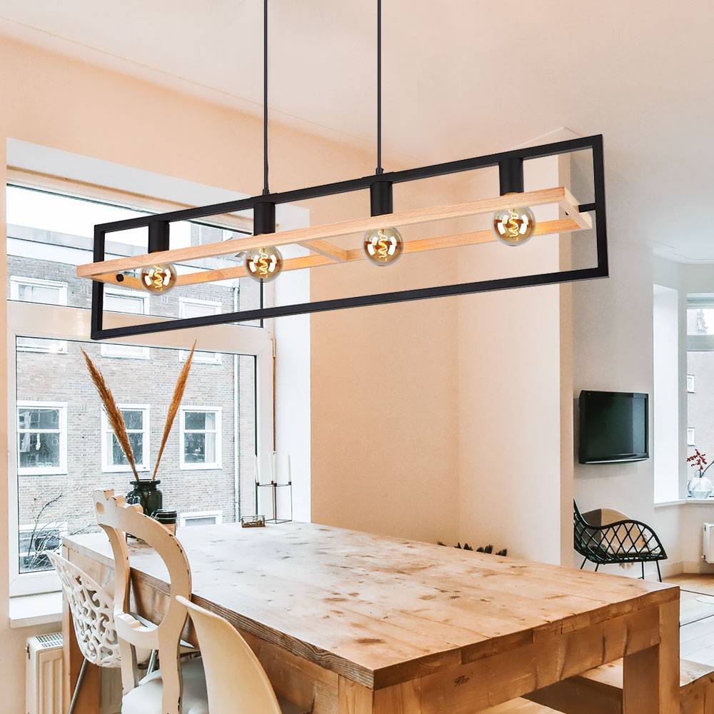Hängeleuchte Esstischleuchte Pendellampe Wohnzimmer Hängelampe Holz, dunkelbraun Metall schwarz, 4x E27, LxBxH 98x20x150 cm