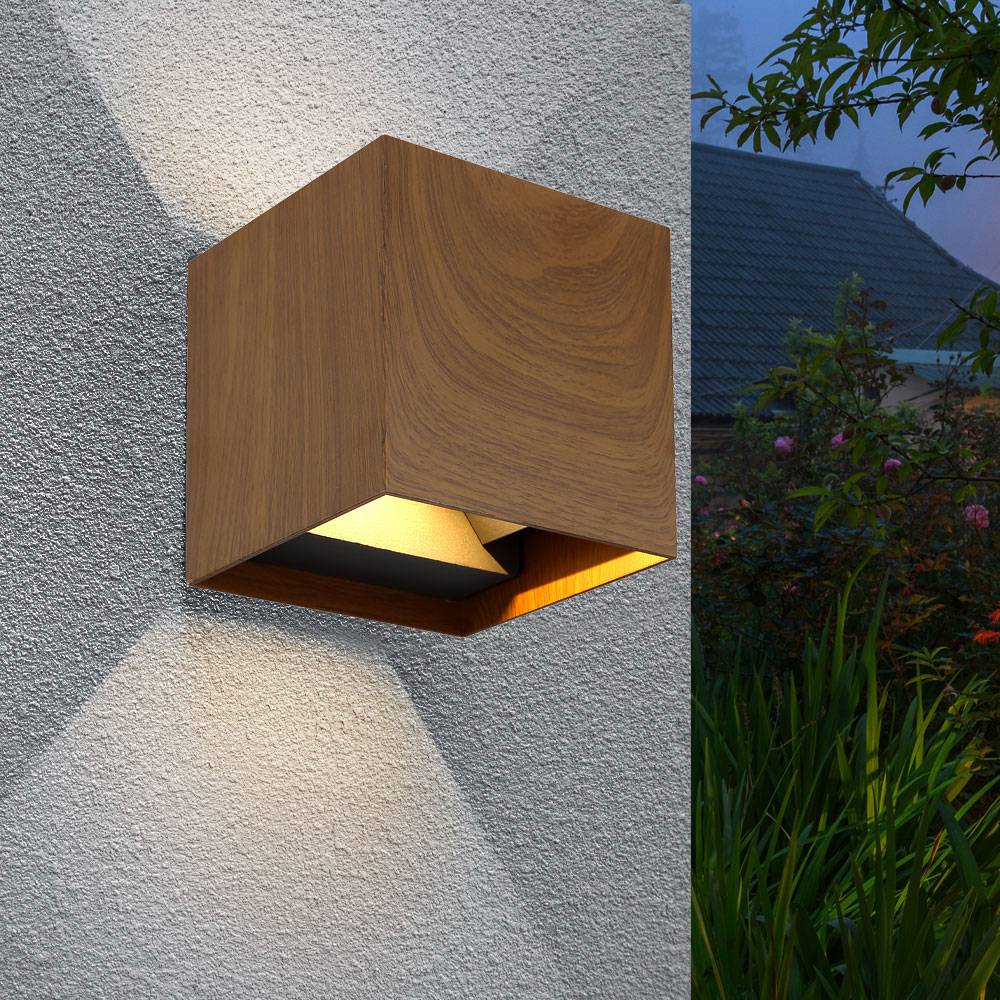 Außenlampe braun Wandstrahler modern Hauswandleuchte, LED Up&Down Strahler Holzoptik Wandlampe, Alu, 2x LED 3W 290lm 3000K warmweiß, LxBxH 10x10x10