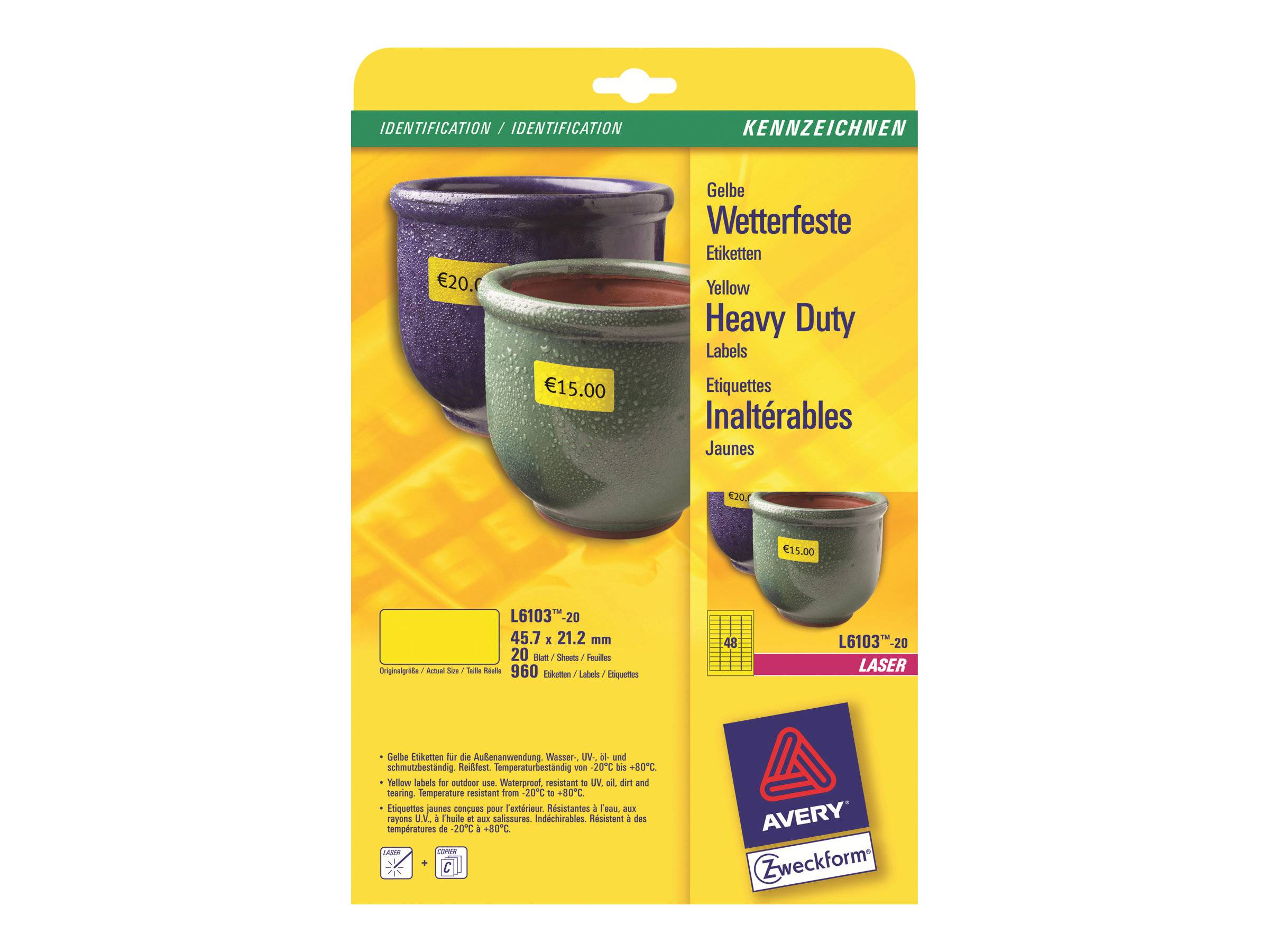 Avery Zweckform L6103 - Polyester - permanenter Klebstoff - Gelb - 45.7 x 21.2 mm 960 Etikett(en) (20 Bogen x 48)