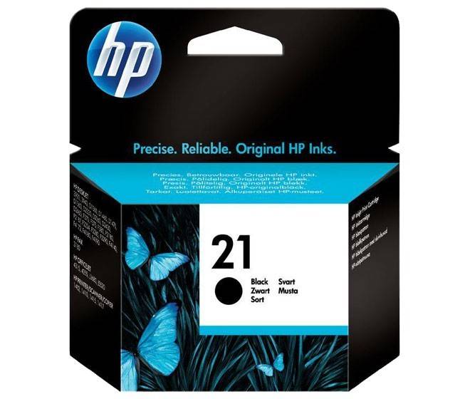 HP 21 schwarze Tintenpatrone mit Verpackung im Design von blauen Schmetterlingen, mit dem Aufdruck 