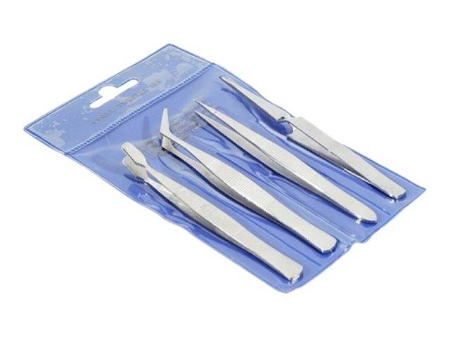 Ein Paket mit vier silbernen Metallpinzetten, die jeweils eine unterschiedliche Spitzenform aufweisen, präsentiert in einem blauen Plastikhalter.