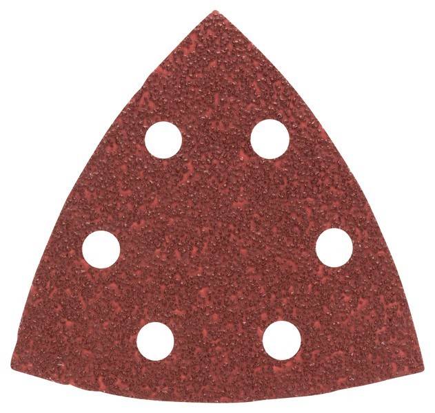 Dreieckiges rotes Schleifpapier-Pad mit sechs kreisrunden Löchern, das zum Schleifen von Oberflächen verwendet wird und normalerweise an ein Elektrowerkzeug für Schleifarbeiten angebracht wird.