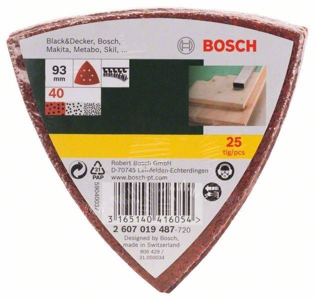 Dreieckiges Schleifpapierpaket von Bosch für 93-mm-Scheiben, Körnung 40, mit 25 Stück. Kompatibel mit verschiedenen Werkzeugmarken.