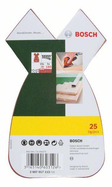 Verpackung von Bosch Schleifblatt-Set mit 25 Stück. Enthält Abbildungen von Blättern in verschiedenen Formen und einem Werkzeug, die die Kompatibilität demonstrieren.