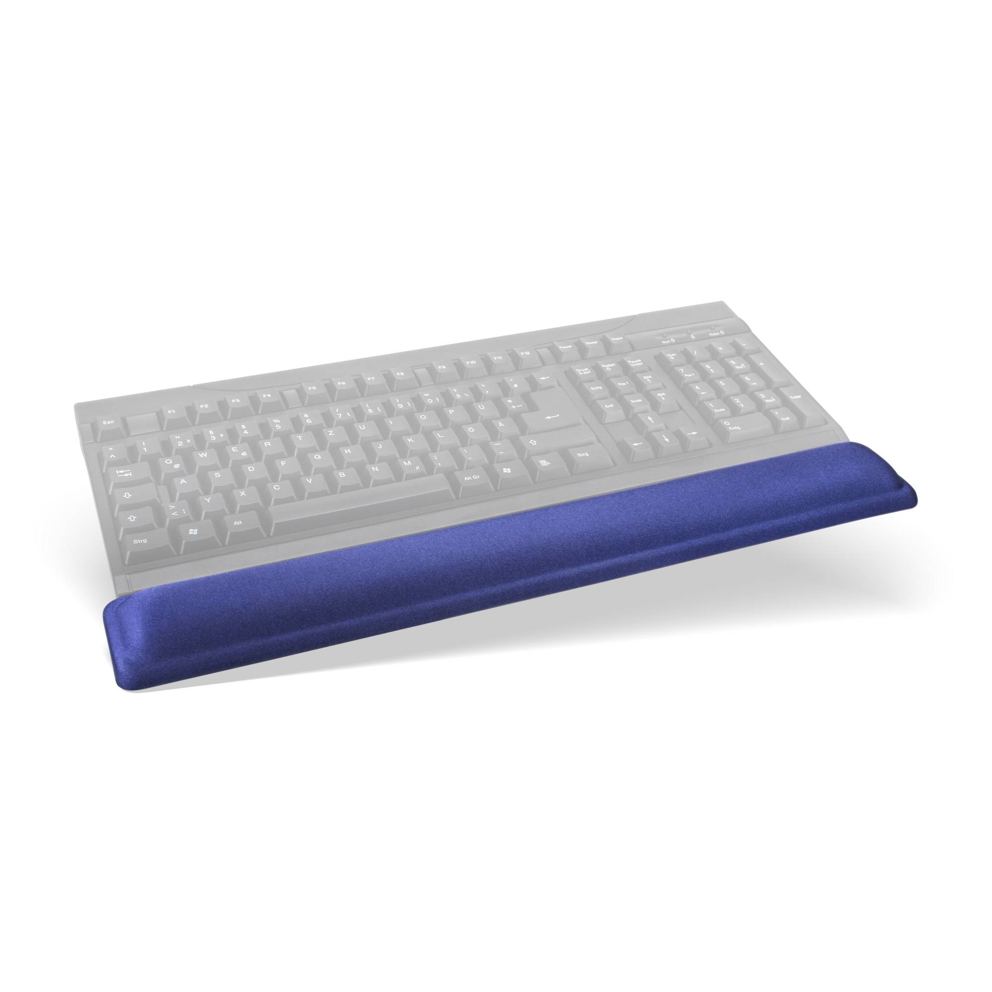 Ergonomische blaue Handgelenkstütze, die vor einer Tastatur auf weißem Hintergrund platziert ist.