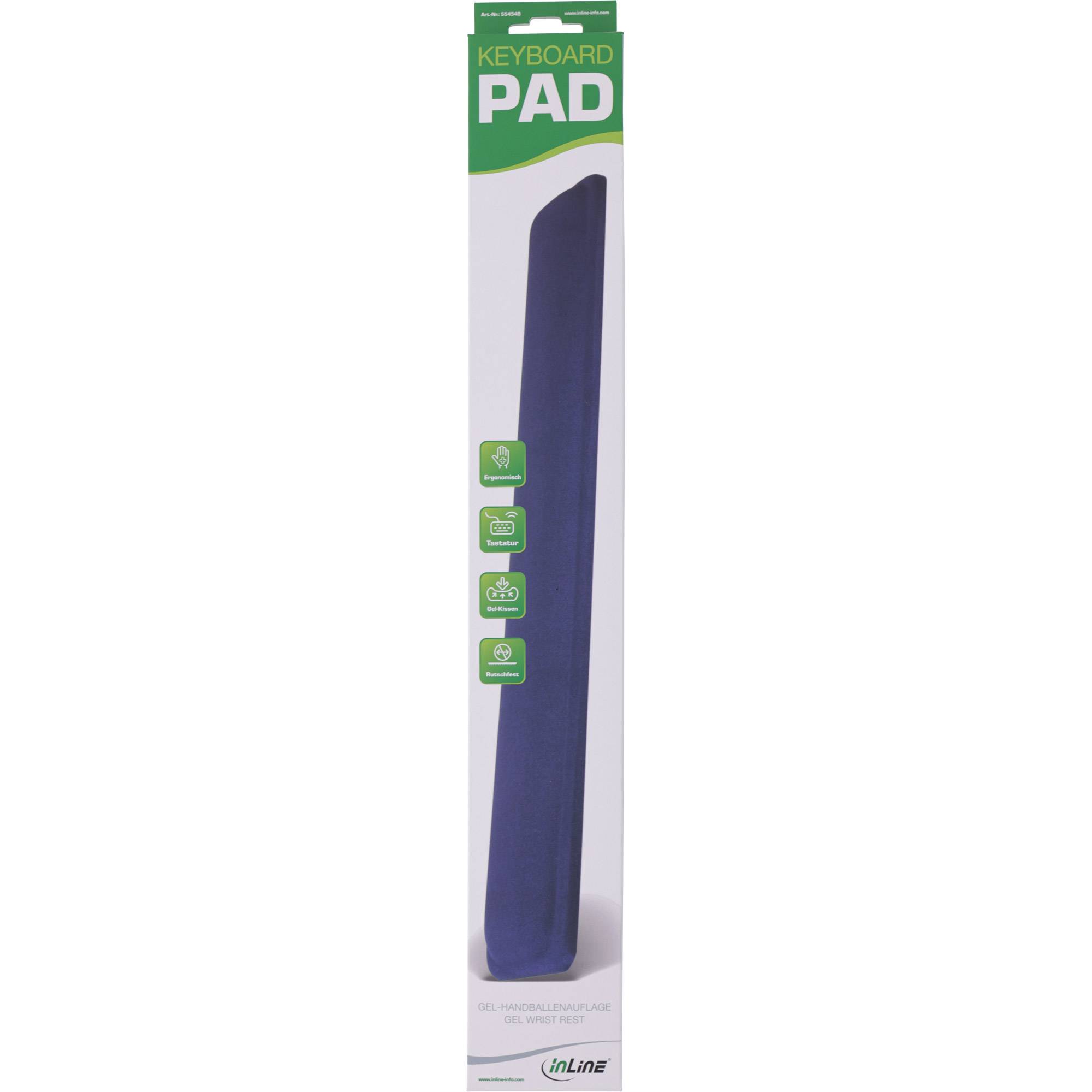 Paket für eine "Keyboard Pad"" Handgelenkauflage, das eine lange blaue gepolsterte Tastaturunterstützung mit Produktmerkmalsikonen und InLine-Branding zeigt.