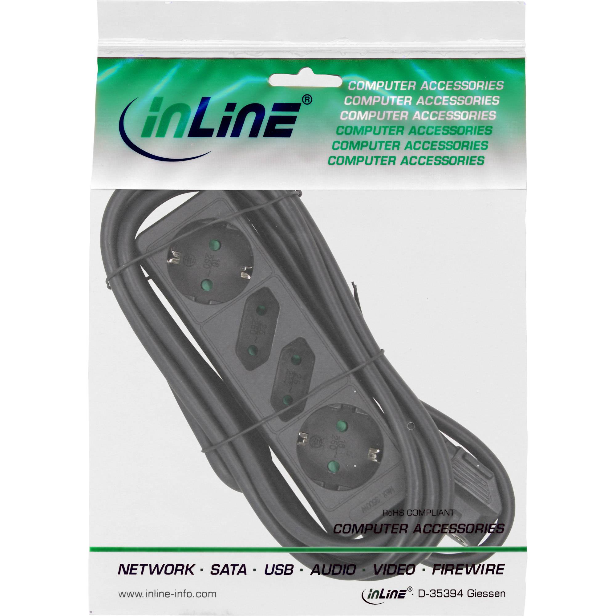 INLINE - Steckdosenleiste - 4-fach - 2x Schutzkontakt + 2x Euro - schwarz - 5m