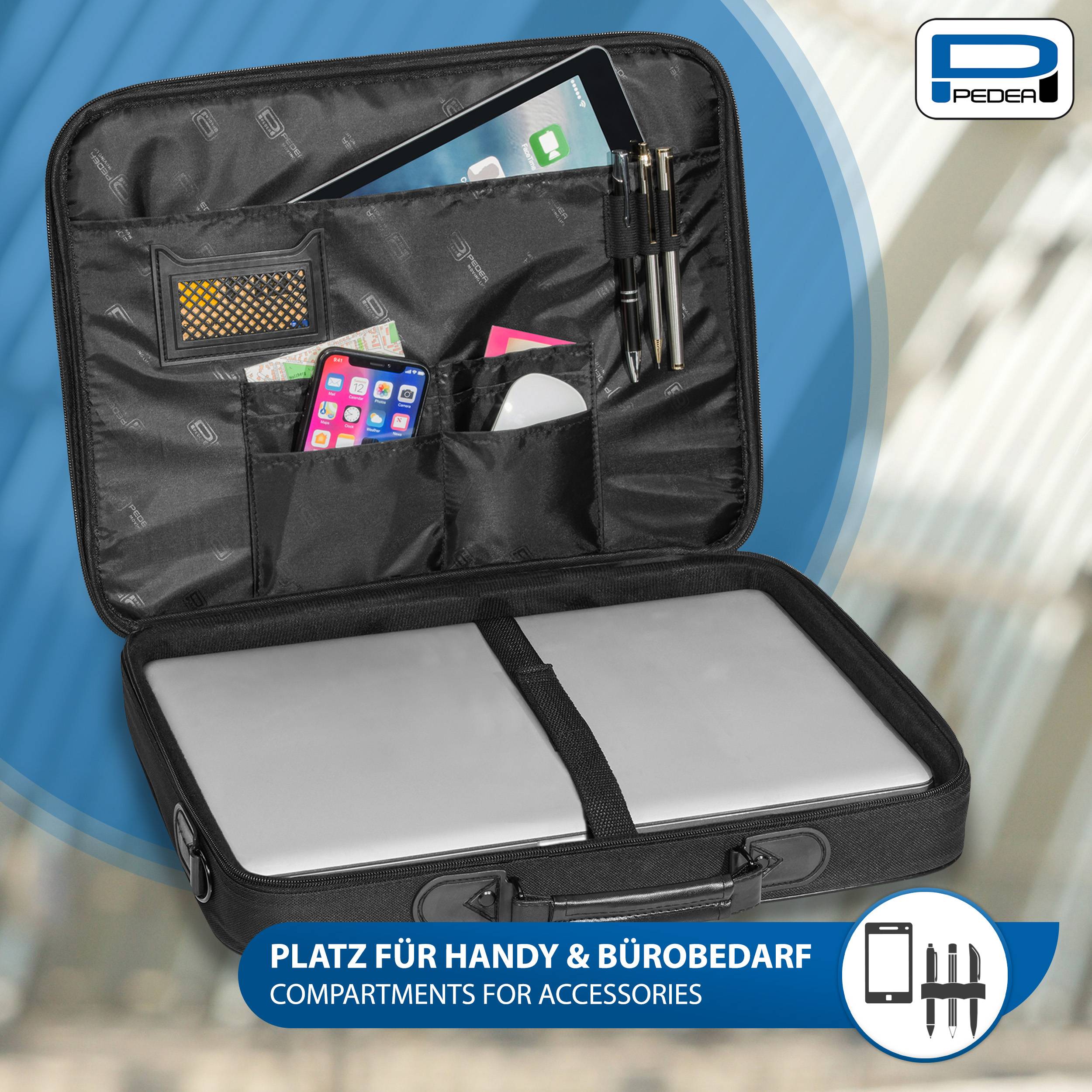 Offene schwarze Organizer-Tasche mit Fächern, die ein Tablet, Telefon, Stifte und Zubehör enthalten; der Text lautet „PLATZ FÜR HANDY & BÜROBEDARF
