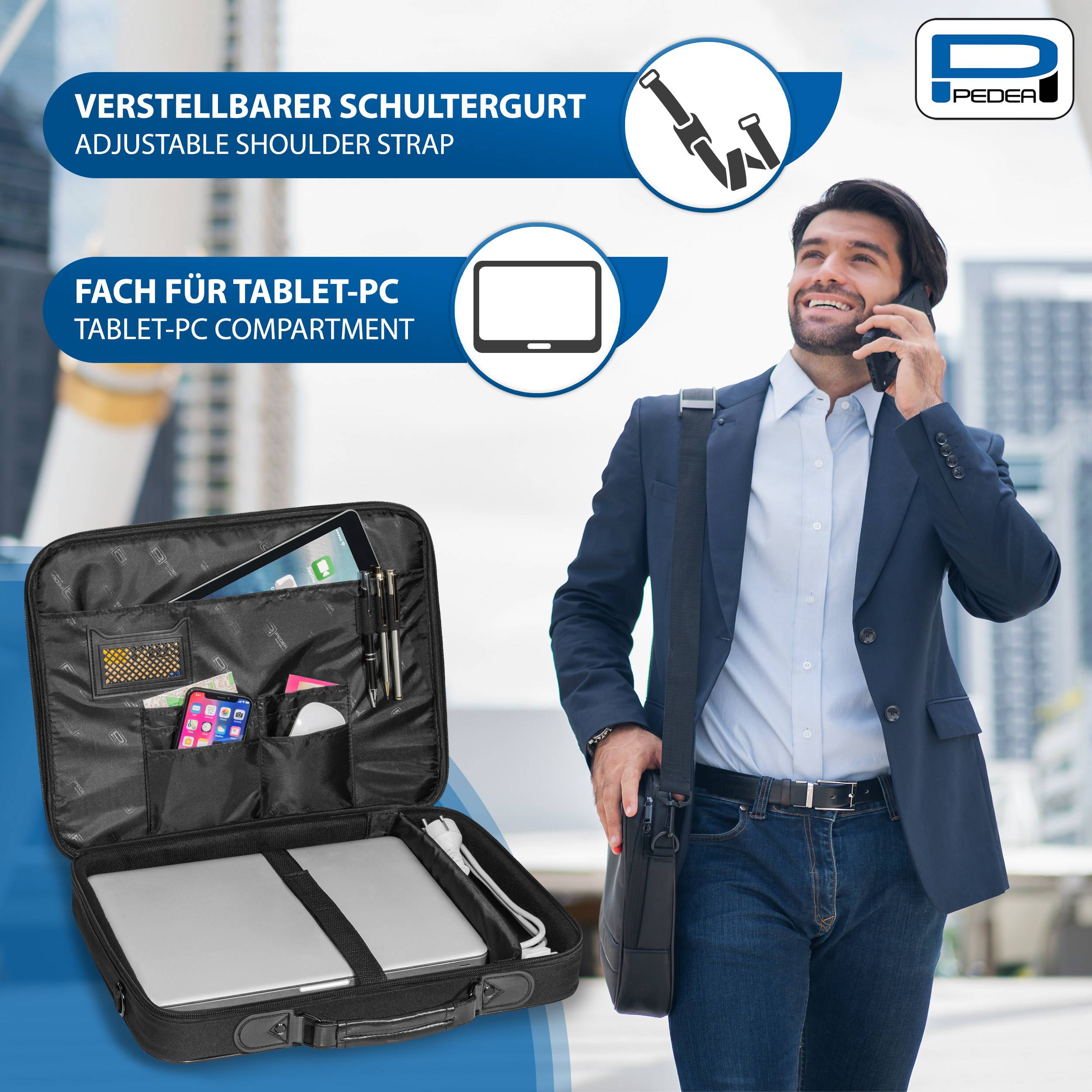 Werbebild eines Mannes mit einer Umhängetasche und offener Laptop-Aktentasche, gekennzeichnet mit verstellbarem Schultergurt und Tablet-Fach, mit Pedea-Logo.